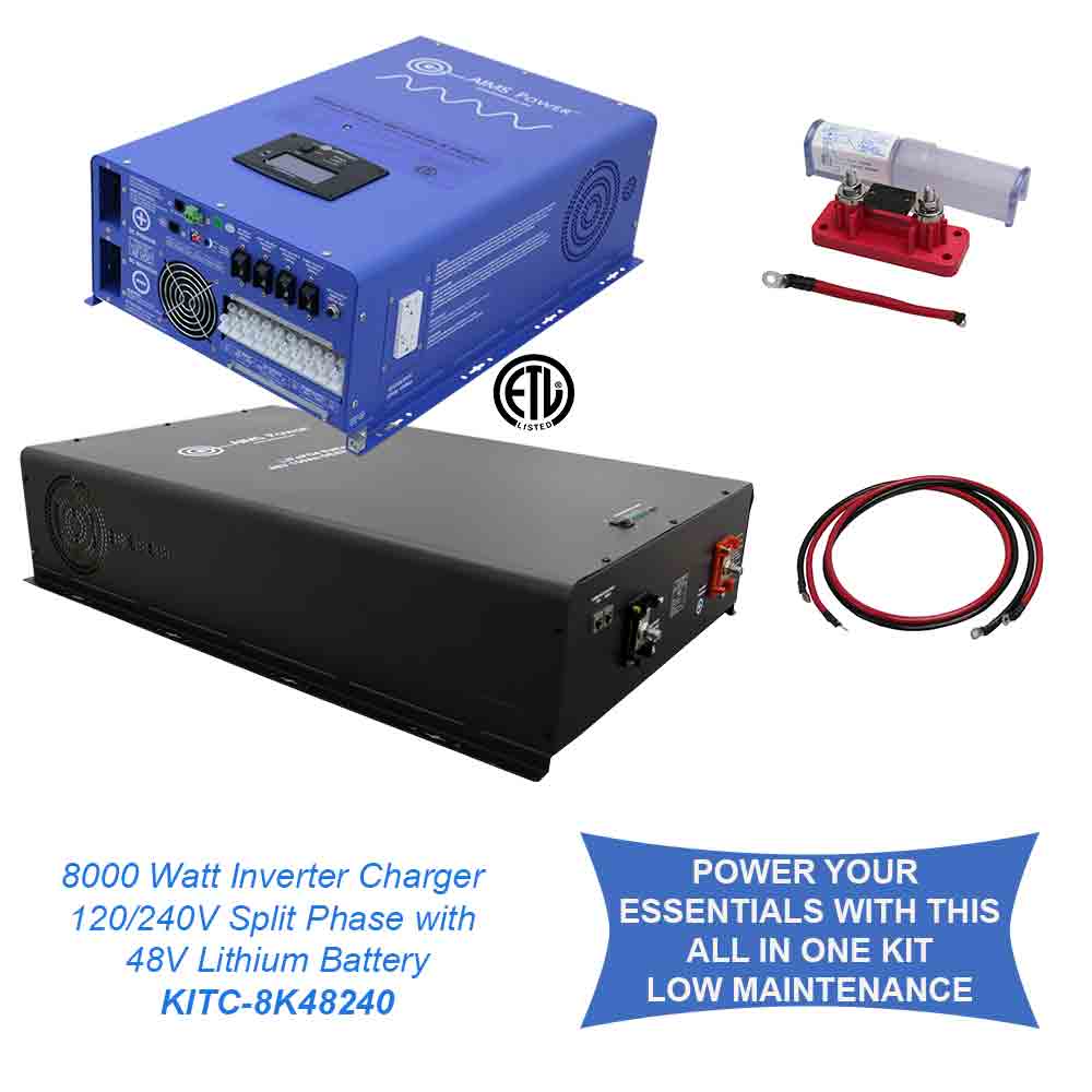 Aims Corp Off Grid / Back Up 8000 Watt Pure Sine Inverter Charger Split Phase 120V/240V & 24V Lithium Battery Kit